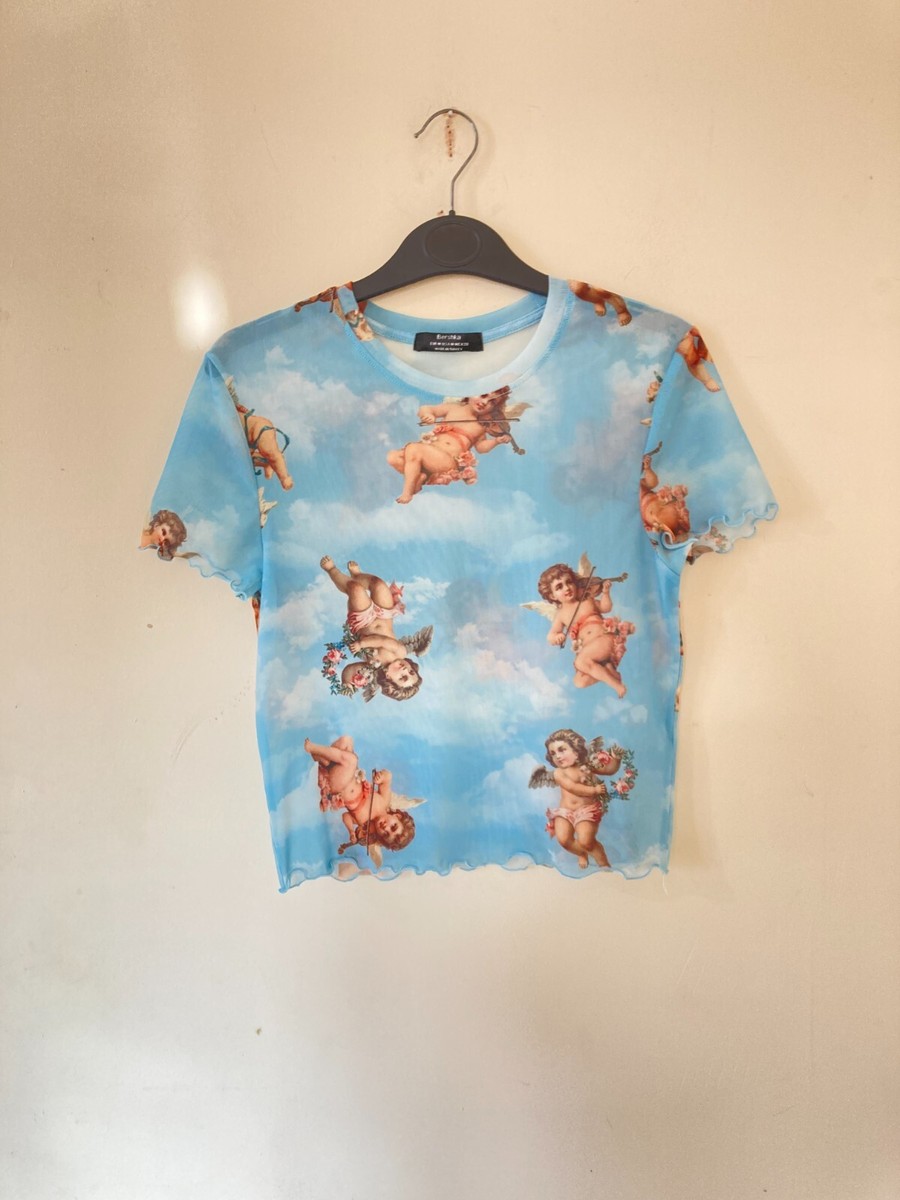 Bershka Pale Blue Mesh Cherub Print Short Sleeve Crop Top, Size M