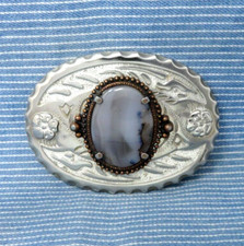 Western Floral Belt Buckle Cowboy Smokey Gray Agate Cowgirl Vtg 80s   .B 118