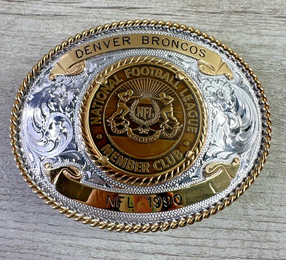 Montana Silversmiths Denver Broncos 1990 hebilla miembro de la liga NFL placa esterlina Foto 3 de 4