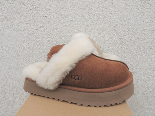 UGG Australia New Disquette Platform Suede Slip On Shearling Lined Slippers Mules/Slides Regular 