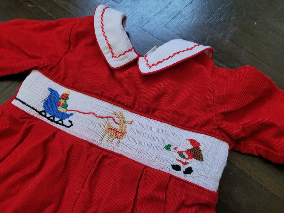 Romper de bebê boutiques carruagem tamanho 6 meses feriado Natal veludo branco vermelho - Imagem 3 de 4