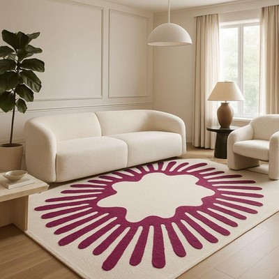 Moderner handgetufteter Wollteppich mit abstraktem lila Sunburst Design - Lux...