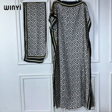 African Women Boho Print Dress with Belt Abaya Dubai Luxury Traditional Outfit M