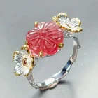 Flower carving Natural Tourmaline Ring 925 Sterling Silver Size 7.5 /R469154