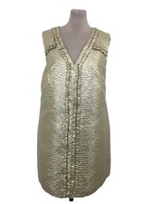M&S Women's Mini Shift Dress Gold Jacquard Textured  Ruffle V-Neck Lined Zip New