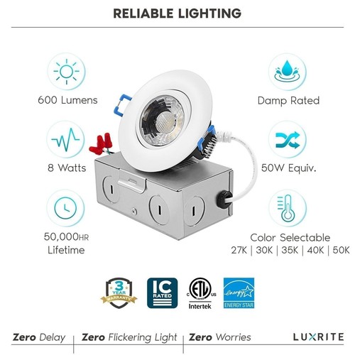 Luxrite 3 Inch Gimbal LED Recessed Light 8W 5CCT 2700K-5000K 600 IC ETL (4 Pack) - Picture 7 of 7
