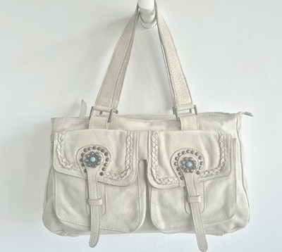 Innue Italy SW Design Beige Distressed Look Leather Large Satchel Handbag 