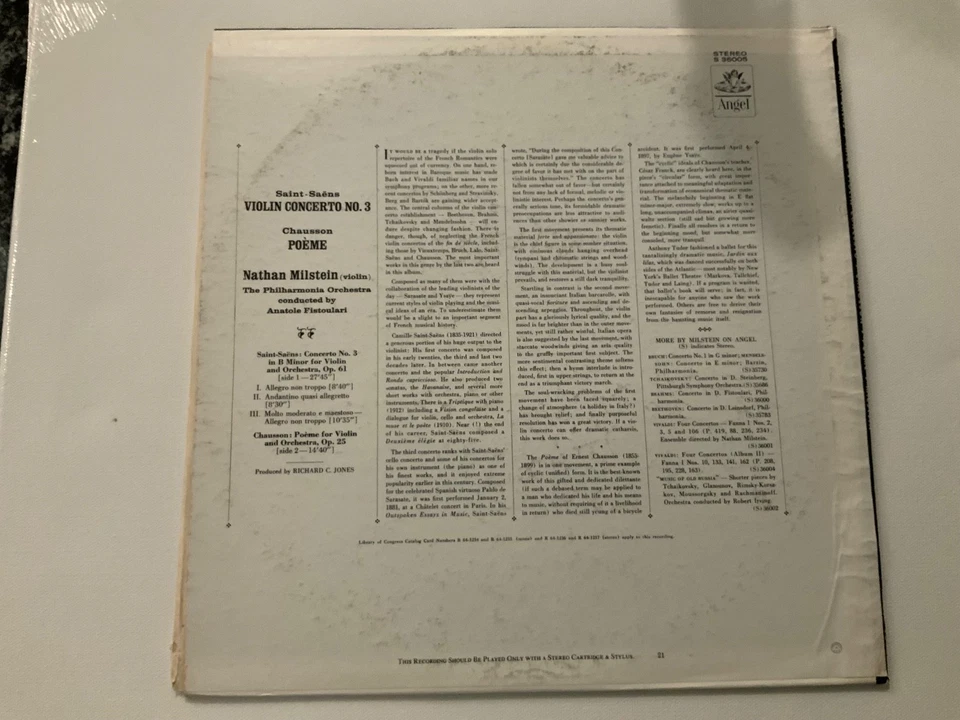 NATHAN MILSTEIN violin - SAINT-SAENS Concerto #3 & CHAUSSON - ANGEL ST LP NM - Image 2 of 4