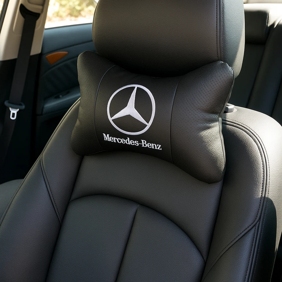 Подушки для поддержки шеи автомобиля Mercedes-Benz черная кожа — универсальная посадка — 2 шт. - Изображение 2 из 3