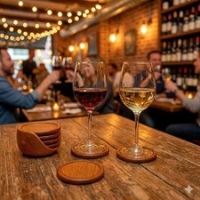 Vintage Hand Carved Wooden Coasters Set x6 & Holder Brass Inlay Floral Boho 🍺