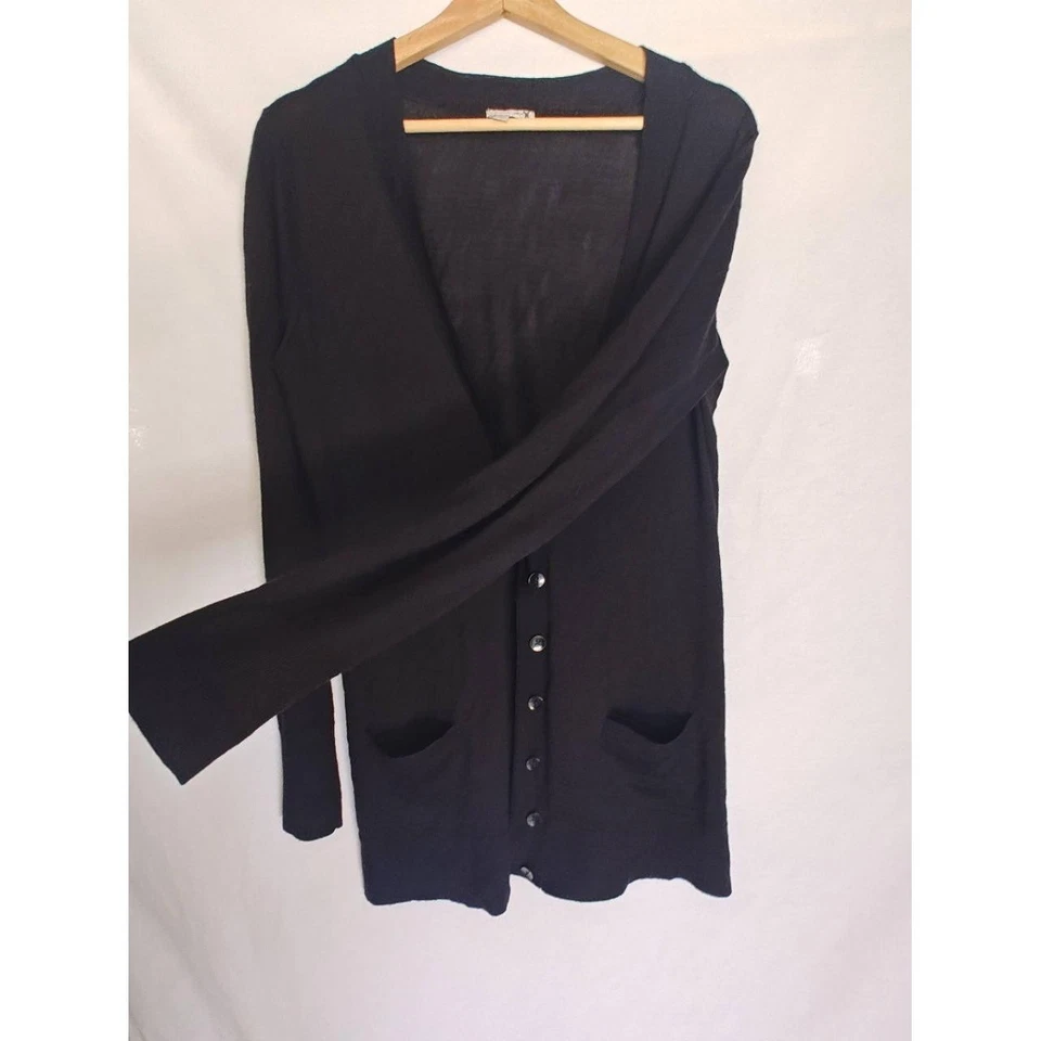 Cárdigan Halógeno Botón Frontal Negro Larga Línea Lana Merino Relajado Ligero L Foto 4 de 4