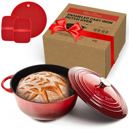 Forno Olandese in Ghisa Smaltata - Rosso - Pentola da Forno Olandese 6Qt con Coperchio, Lunga Durata... - Foto 1 di 9