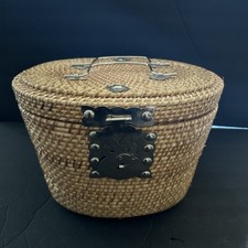 Antique Chinese Tea for Two Set with Padded Woven Basket/ Missing Lid