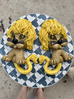 2 Retro Midcentury Chalkware Lion Plaques Heavy!