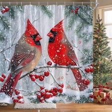Christmas Red Bird Shower Curtain Winter Pine 70"W x 70"L Pack of 1 Red Green