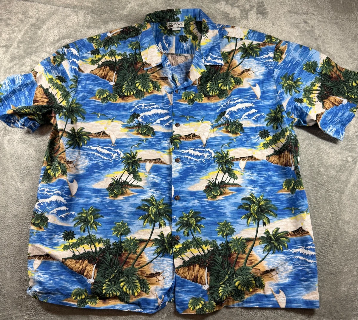 Vtg Aloha Republic Blue Island Scene Hawaiian Shirt Tagged 4XL Fits 2XL USA