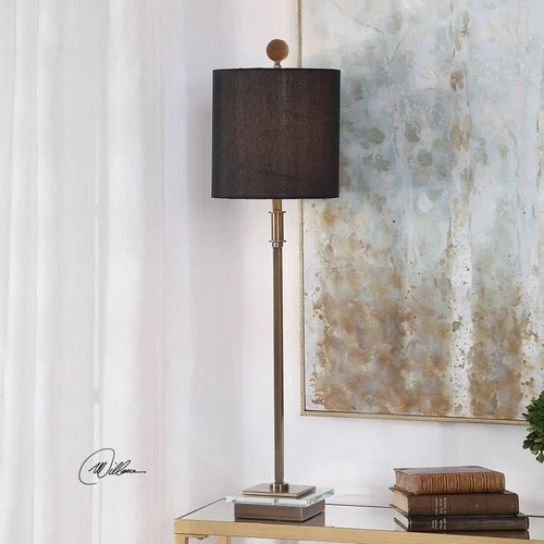 Modern Buffet Table Lamp 33 3/4" Tall Brass Black Linen Drum Shade for Bedroom - Picture 1 of 6