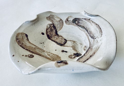 Ceramic Art Pottery Dish Mid-Century Home Decor Abstract Brushstrokes Ivory-Gray - Picture 3 of 6