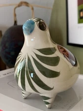 Vtg Mexican Tonala Pottery Folk Art Hand Painted Bird Figurine Signed Blue Green