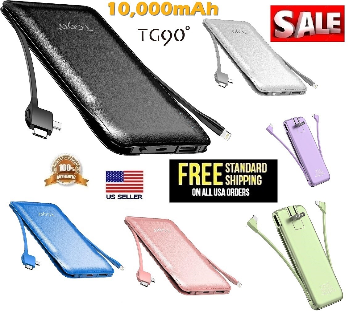 TG90° Power Bank with Built in AC Wall Plug, Ultra Slim 10000mah Portable Charge