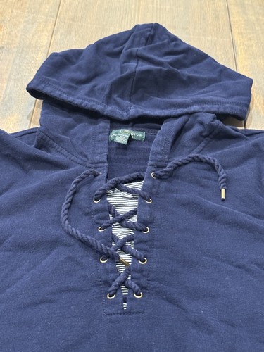 LRL Lauren Jeans Women’s Navy Blue Pullover Lace Up Hoodie Sweatshirt Cotton M - Picture 4 of 10
