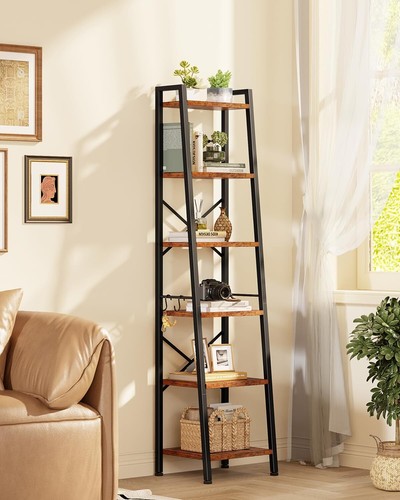 6 Tier Ladder Shelf Bookcase, Tall Ladder Bookshelf Narrow with 2 Hooks - Picture 2 of 6