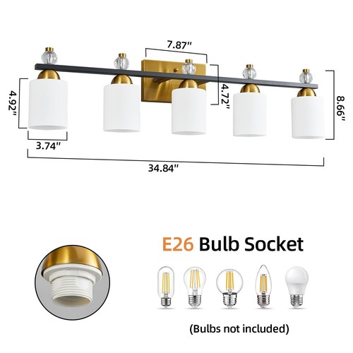 White Glass Bathroom Vanity Light Fixtures 5 Light Mid Century Black Gold Van... - Picture 6 of 7