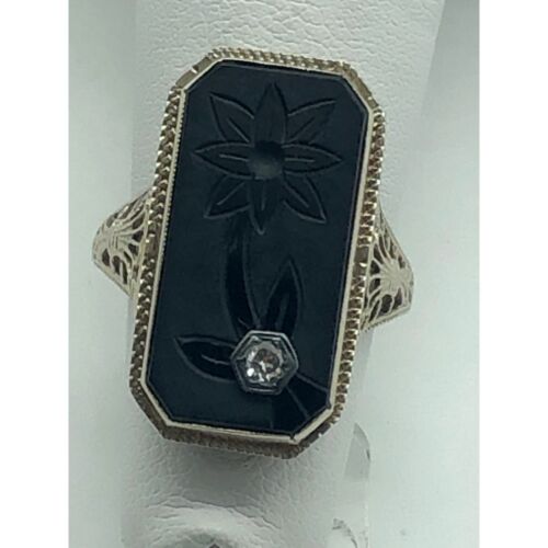 10K White Gold Onyx and Diamond Floral Filigree Ring - Picture 1 of 4