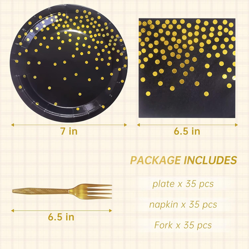 Serves 35 Guests Black and Gold Plates and Napkins Party Supplies,7" Black Paper - Picture 2 of 12