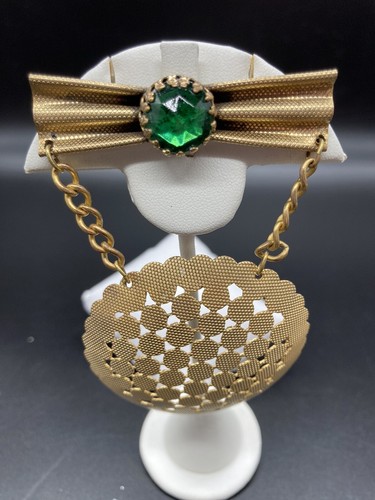 Vintage Mid Century Modern Brass Hanging Medallion Brooch Rhinestone Statement - Picture 2 of 12