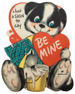 Hallmark Vintage Valentines Day Card Sign to Say Be Mine Dog Painter Arm Moves