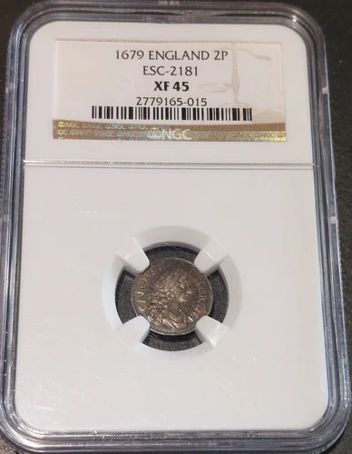 1679 ENGLAND, GREAT BRITAIN 2P Twopence 2 Pence Coin Graded NGC XF45 Charles II 