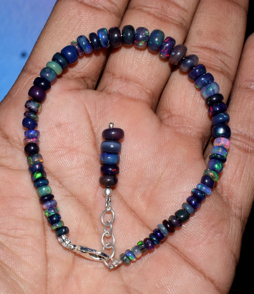 Opal Bracelet Natural Ethiopian Black Opal Gemstone Fire Beads 7.5"Bracelet SP01 - Image 2 of 4