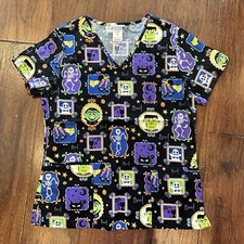 SB Scrubs - Happy Halloween Skeleton, Frankenstein, Vampire scrub top - Medium