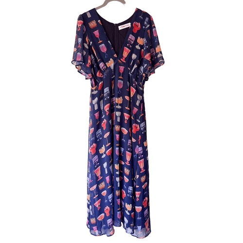 Lisa Says Gah Grace Printed Dress Navy Cocktail Printed Midi Dress Small - Bild 5 von 11
