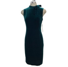 New Calvin Klein Elegant Velvet Dark Green Tie Neck Sheath Dress size 4 Easy Fit