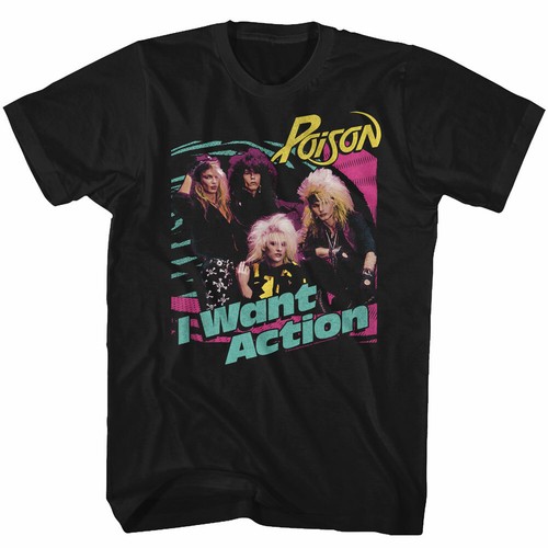 Poison I Want Action Men's T Shirt 80's Rock Music Band Merch - Picture 3 of 3