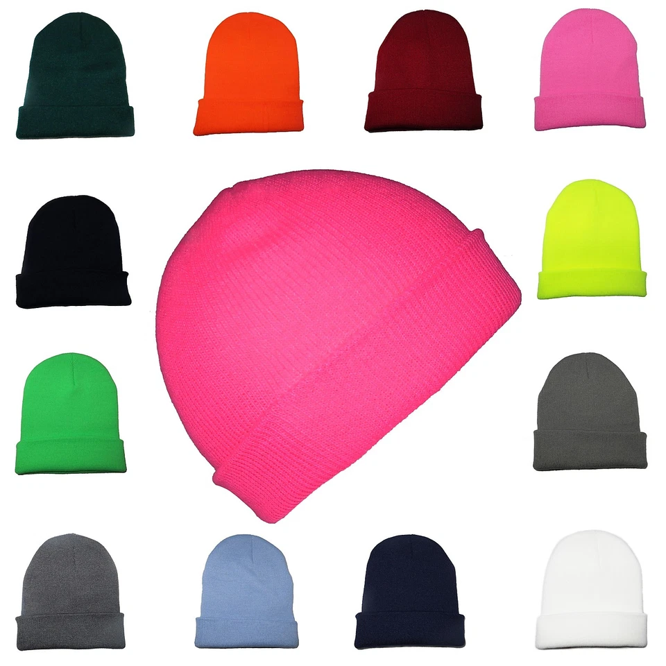 ADULTS Beanie Hat Mens Ladies Womens Slouch Winter Woolly Ski Knit Neon Plain UK
