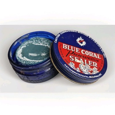 VTG Blue Coral Preservative Sealer Cobalt Blue Glass Jar Wax Sign Mostly Full