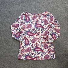 Talbots Top Womens Size Small White Pink Paisley Boat Neck Stretch Casual Preppy