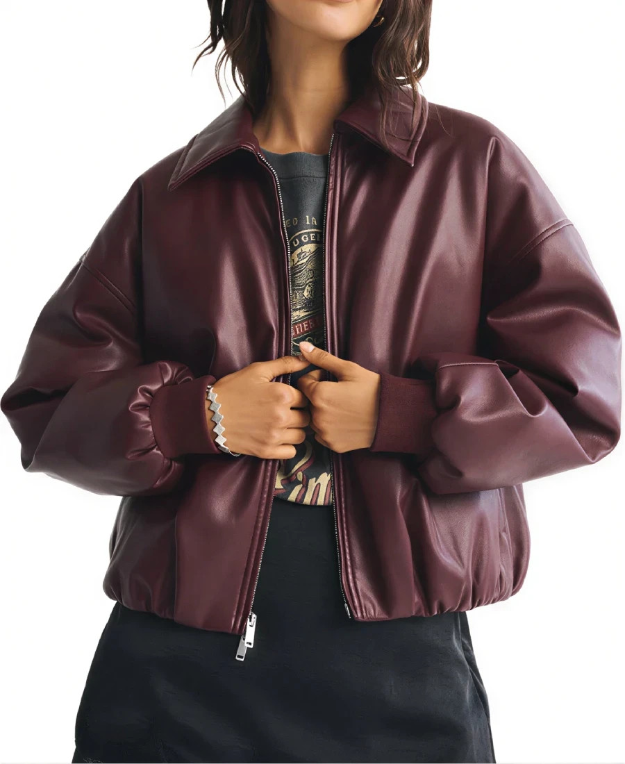 Handmade Women’s Burgundy Oversized Leather  Bomber Jacket
