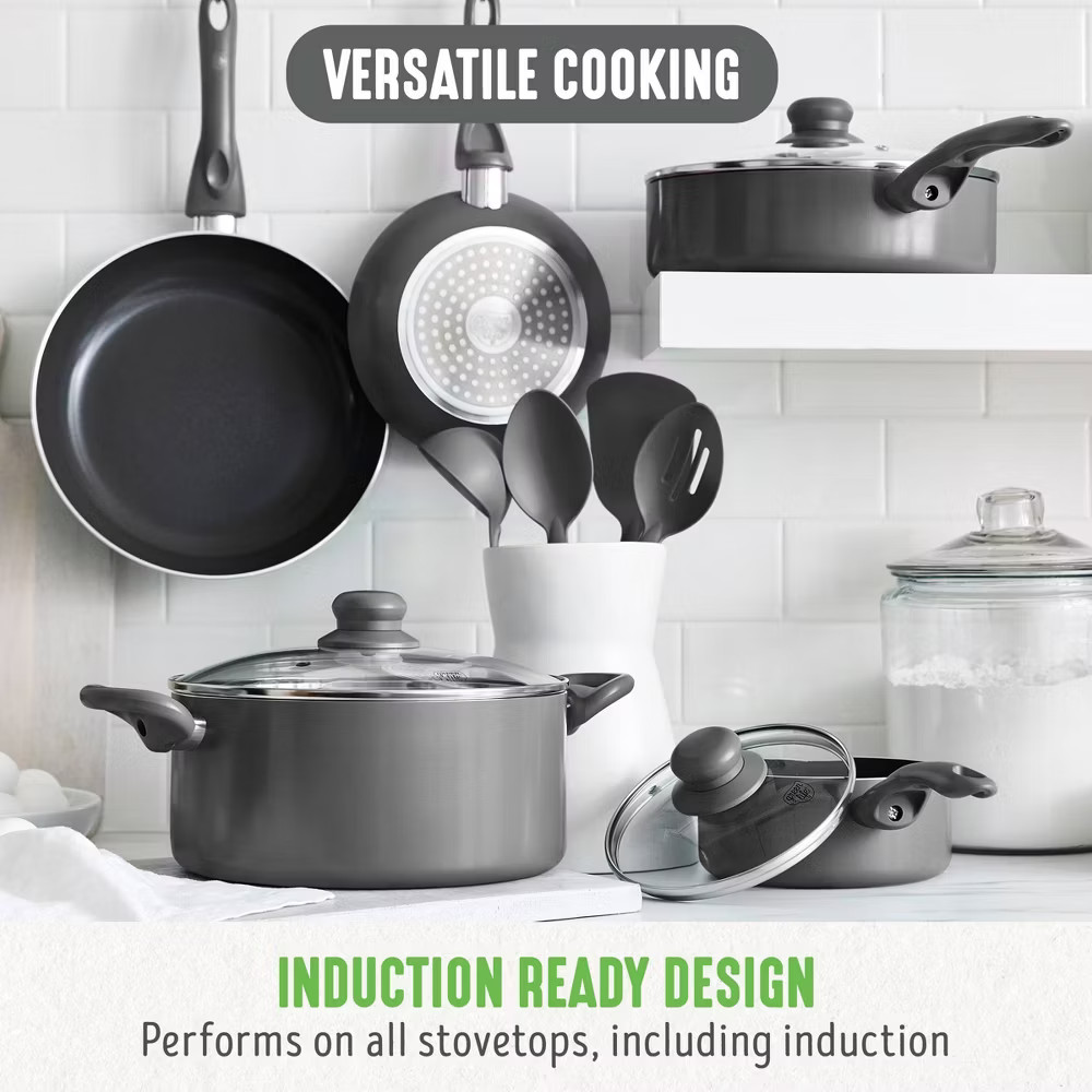 GreenLife 12PC Aluminum Set Fry Pan Stockpot  Charcoal Gray Ceramic Cookware