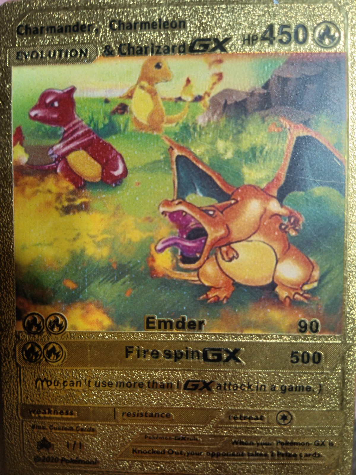 Pokemon Charmander/Charmeleon/Charizard GX Evolution Gold Foil Fan Art/Custom...