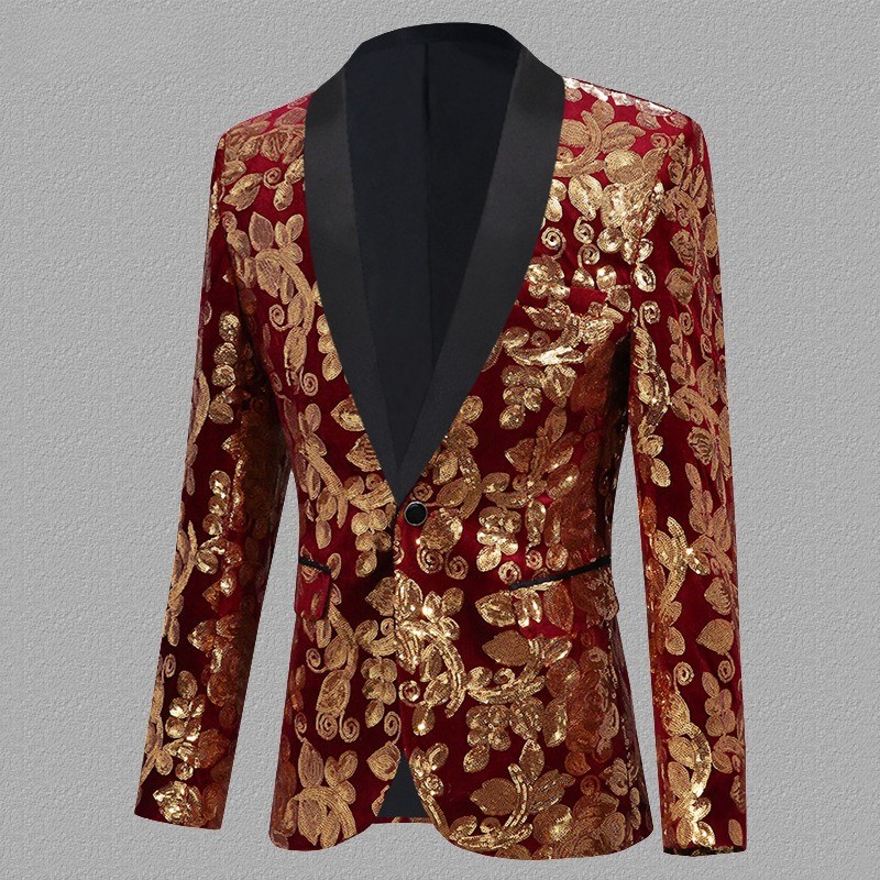 Men Velvet Blazer Jacket Shiny Gold Sequined Floral Stage Dress Performance Coat image 9