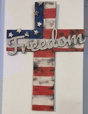 Wood Patriotic American Flag Cross Wall Plaque Decor, Painted "Freedom"