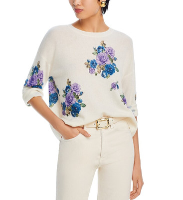 C Designer 100% Cashmere Floral print Ivory Crewneck Sweater -size XS -msrp $188
