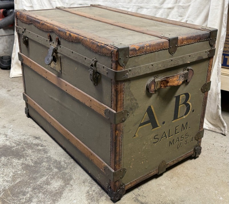 OOAK Antique Wood Steamer Trunk Monogram SALEM MASSACHUSETTS - Halloween Decor