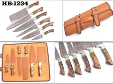 6PCS FORGED Damascus Steel Kitchen Knives Chef Set with Leather  Pouch HB-1234