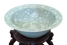 A Large Antique Chinese Celadon Porcelain Wash Basin with Slip Decoration
