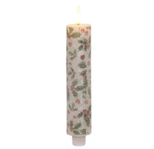 8" Sparkling Holly & Berries Thick LED TIMER Taper Candle 